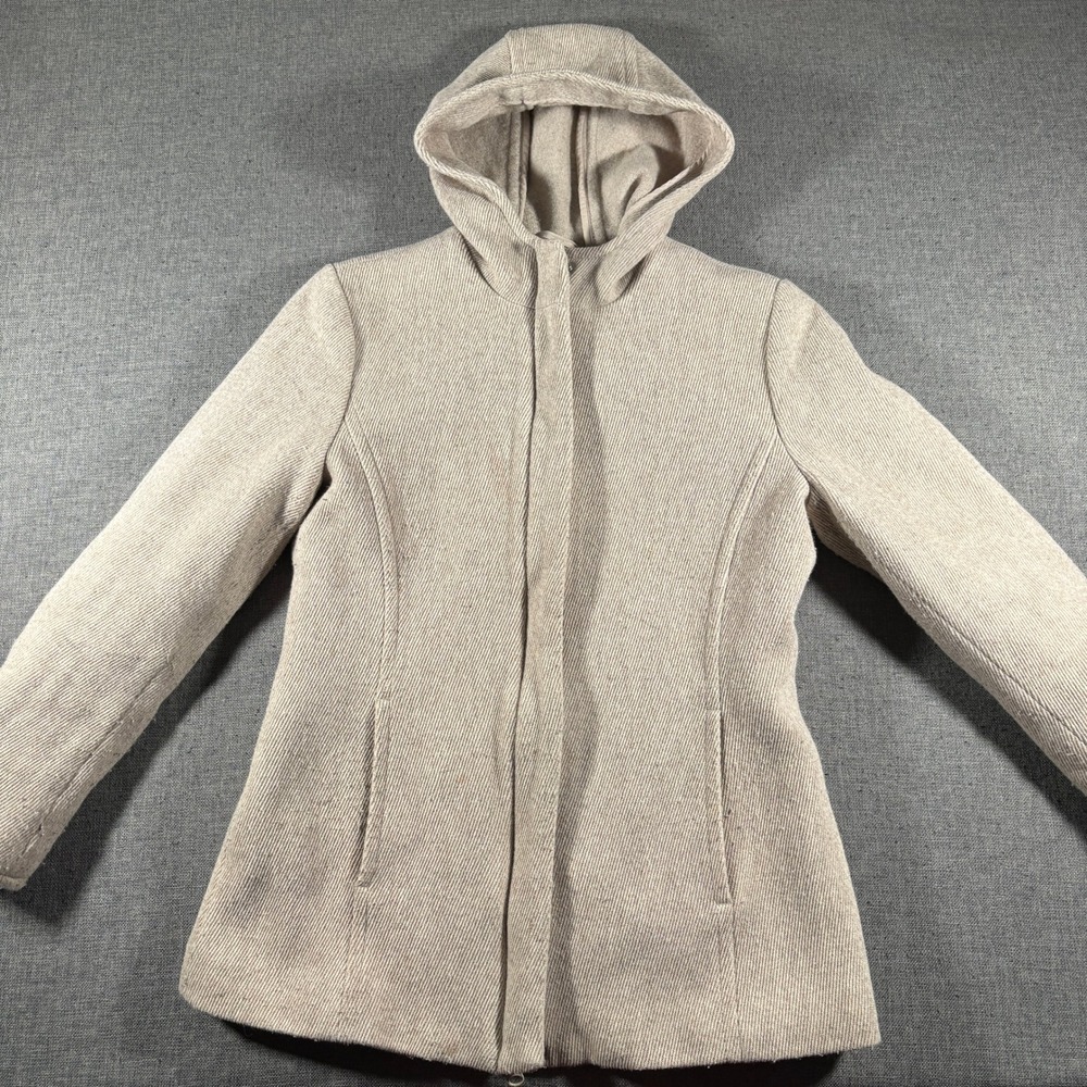 Gap Hooded Wool Blend Jacket Women XS Beige Quilted Lined Zip Up Coat